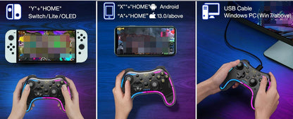 Controller 7039 for Nintendo Switch – Transparent Gamepad with RGB Lights, Turbo, Wake-Up, Multi-Platform & App Support