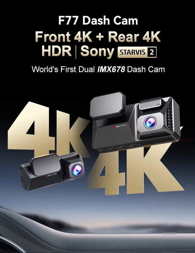 REDTIGER F77 Dashcam – Front and Rear 4K+4K HDR, Sony STARVIS 2 Super Night Vision, Voice Control, 5.8GHz WiFi Dual Dash Cam