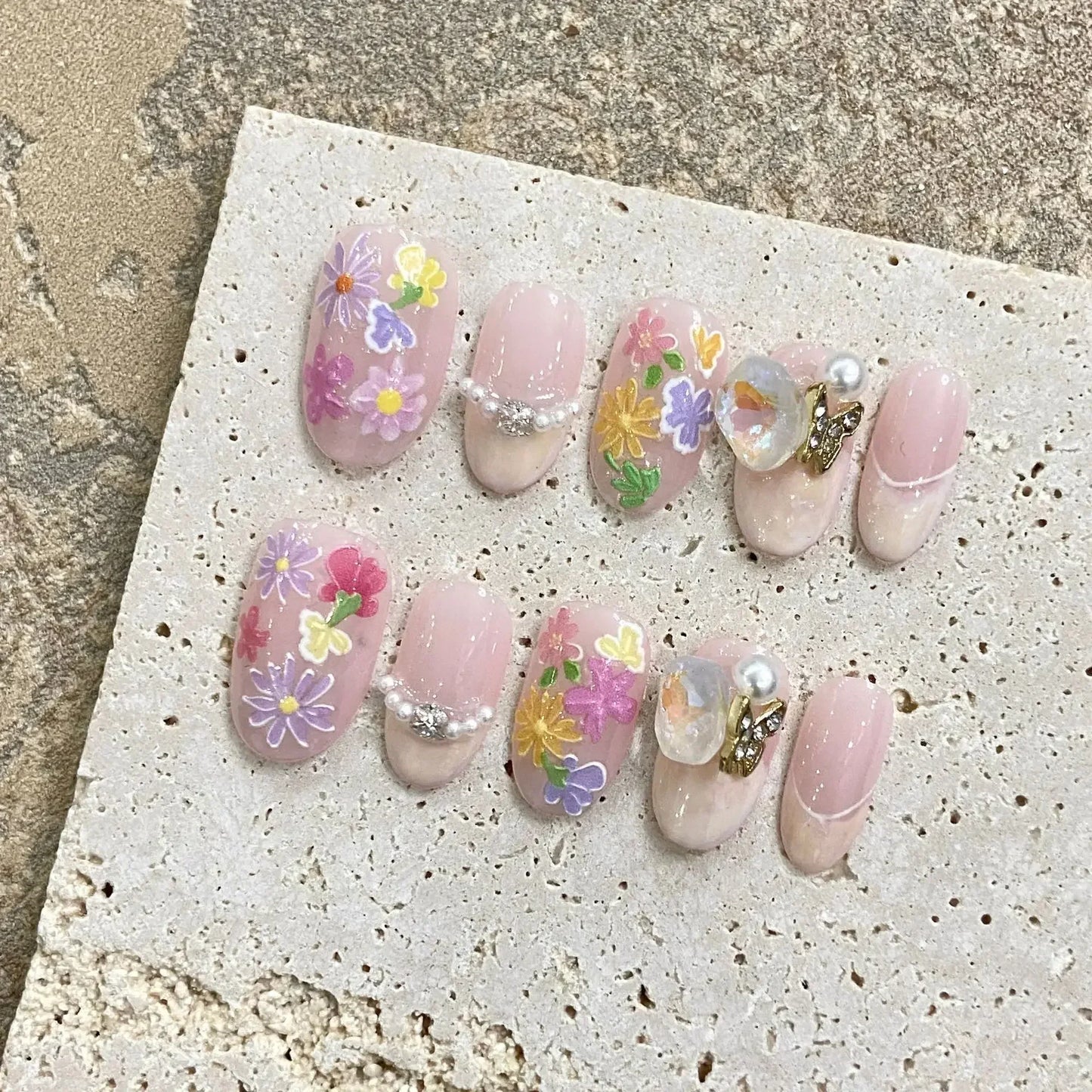 10 Pcs Short Handmade Pink Press-On Nails – Spring French Rhinestone Plaid Full Cover Fake Nail Tips