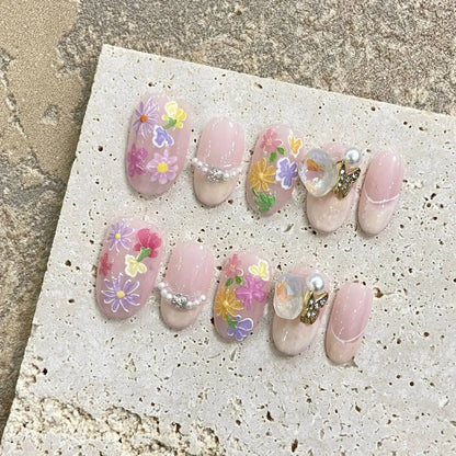 10 Pcs Short Handmade Pink Press-On Nails – Spring French Rhinestone Plaid Full Cover Fake Nail Tips