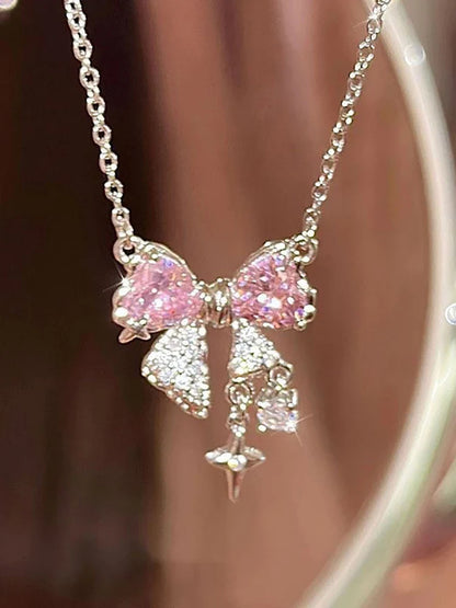 Sweet Pink Bow Necklace – Fashionable Rhinestone Star Pendant Clavicle Chain, Delicate Wedding Accessories for Women