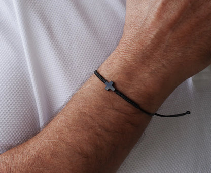 Minimalist Black Cord Cross Bracelet - Handcrafted Woven Protection Jewelry Gift for Men