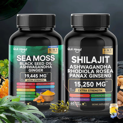 Sea Moss & Shilajit Supplement Bundle – 120 Capsules with Black Seed Oil, Ashwagandha, Ginger, Burdock Root, Turmeric & Black Pepper