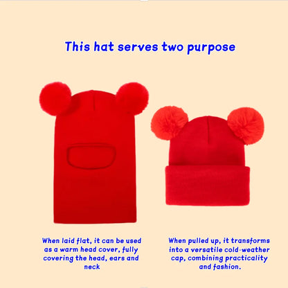 Kids Winter Hooded Knitted Hat - Warm Double-Ball Cap with Ear & Neck Protection