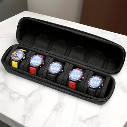 5-Slot Watch Case Travel Organizer — Hard Shell with Pillow Insert, Smartwatch Storage & Gift-Ready (Black)