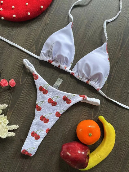 Women’s Cherry Print Bikini Set – Brazilian Thong Two-Piece Swimwear, Sexy Beach Bathing Suit