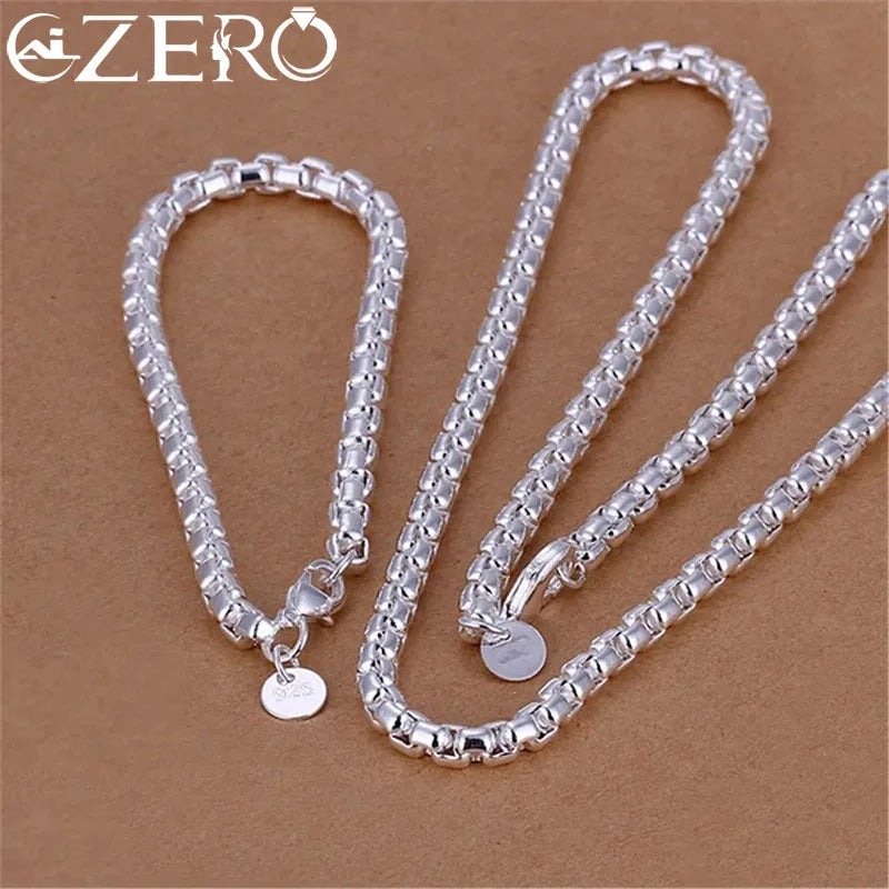 925 Sterling Silver 4mm Round Box Chain Necklace & Bracelet Set — 45–60cm Jewelry for Women, Men, and Boys, Wedding & Engagement Charm