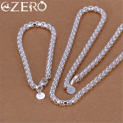 925 Sterling Silver 4mm Round Box Chain Necklace & Bracelet Set — 45–60cm Jewelry for Women, Men, and Boys, Wedding & Engagement Charm