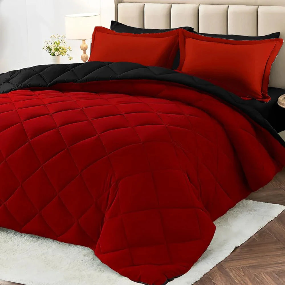 Reversible Red & Black Comforter Set 2/3pcs – All Season Down Alternative Bedding with Pillow Shams