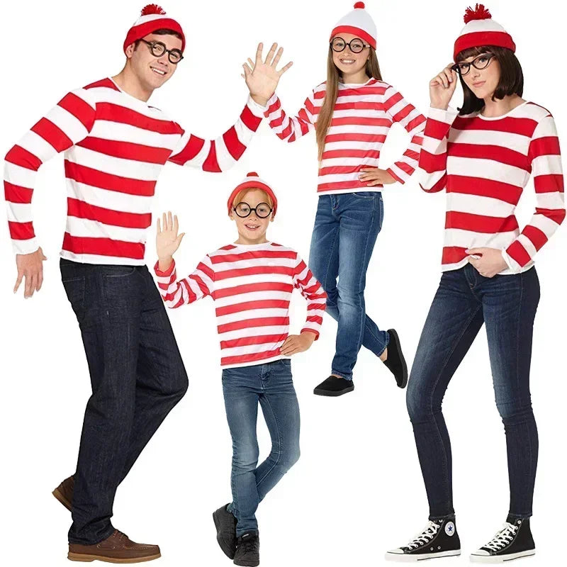 Wheres Waldo Costume Set - Striped Shirt, Glasses, Hat & Socks for Kids and Adults