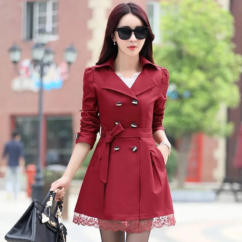 2025 Spring Autumn Women’s Slim Lace Trench Coat – Fashion Mid-Length Double-Breasted Windbreaker Outerwear