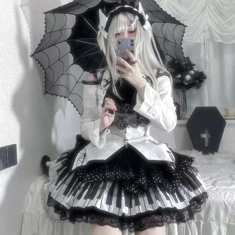 Y2K Gothic Ruffle Skirt - Black & White Polka Dot Punk Lolita Mini Skirt