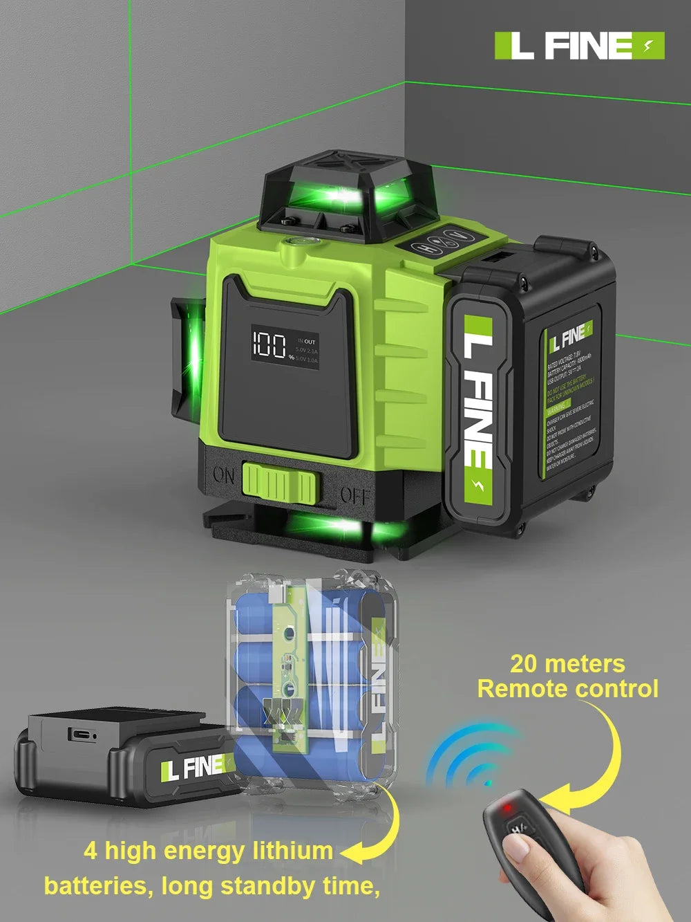 LFINE 3D/4D Laser Level — 12/16 Line Horizontal & Vertical Self-Leveling 360° Laser with Remote Control (8 Lines)