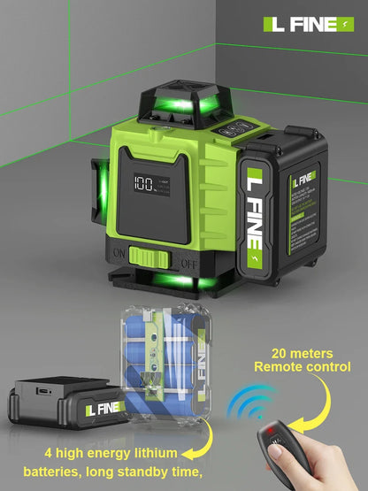 LFINE 3D/4D Laser Level — 12/16 Line Horizontal & Vertical Self-Leveling 360° Laser with Remote Control (8 Lines)