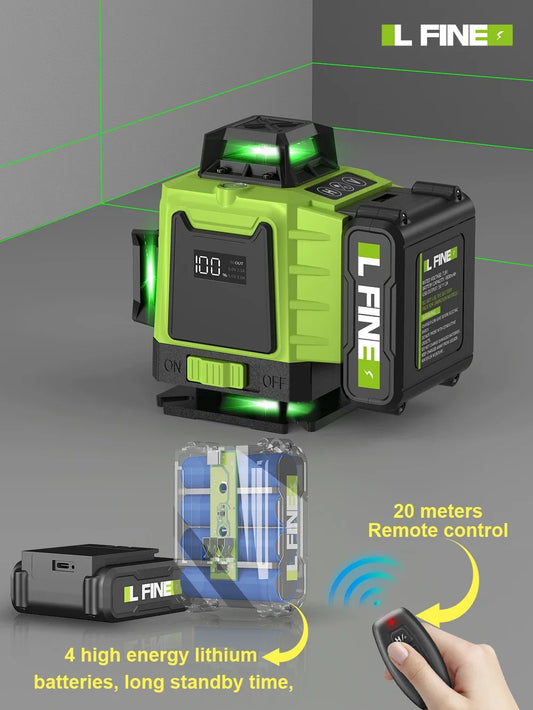 LFINE 3D/4D Laser Level — 12/16 Line Horizontal & Vertical Self-Leveling 360° Laser with Remote Control (8 Lines)