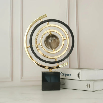 Modern Abstract Metal Globe Sculpture - Black & Gold Home Office Decor with Rectangular Base