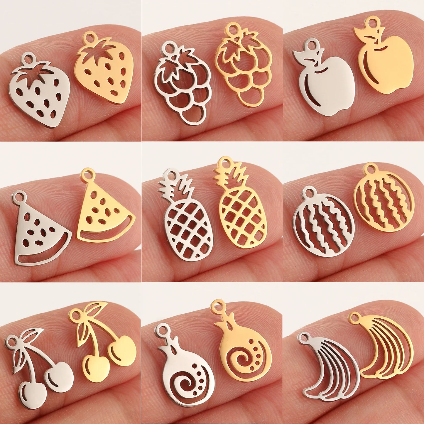 5pcs Stainless Steel Fruit Charms – Strawberry, Cherry, Pineapple & Watermelon Pendants for DIY Bracelets & Necklace Jewelry Making
