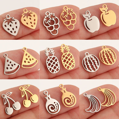 5pcs Stainless Steel Fruit Charms – Strawberry, Cherry, Pineapple & Watermelon Pendants for DIY Bracelets & Necklace Jewelry Making