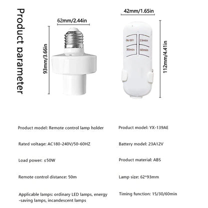 Smart Timer E27 Lamp Holder – Wireless Remote Control Light Socket, 110V-220V, 15m Range, Intelligent ON/OFF Switch