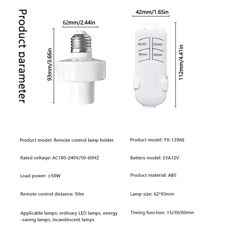 Smart E27 Remote Control Light Switch - Wireless LED Bulb Socket Timer Holder with 30M Range