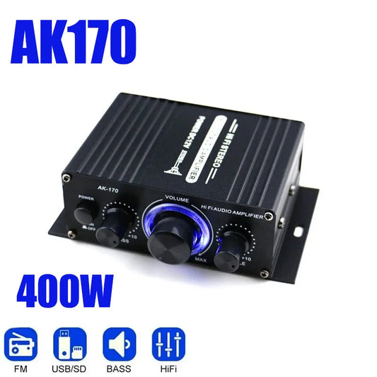AK170 Mini Digital Power Amplifier – 200Wx2 Stereo Audio Amplifier with Blue Light for Home Theater & Party Music
