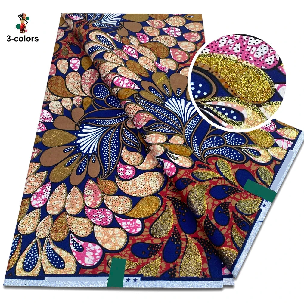 African Glitter Golden Wax Fabric - Nigerian Ankara Gold Print 6 Yards Sewing Material