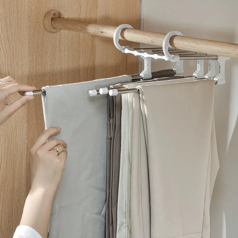 5-In-1 Magic Trouser Rack Hangers - Stainless Steel Folding Pant Rack, Tie Hanger, Shelves - Bedroom Closet Organizer, Wardrobe Storage