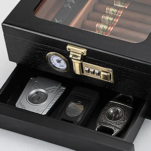 Cedar Wood Cigar Humidor – Glass Top Desktop Cigar Box with Front Hygrometer, Humidifier, Divider, and Accessories Drawer