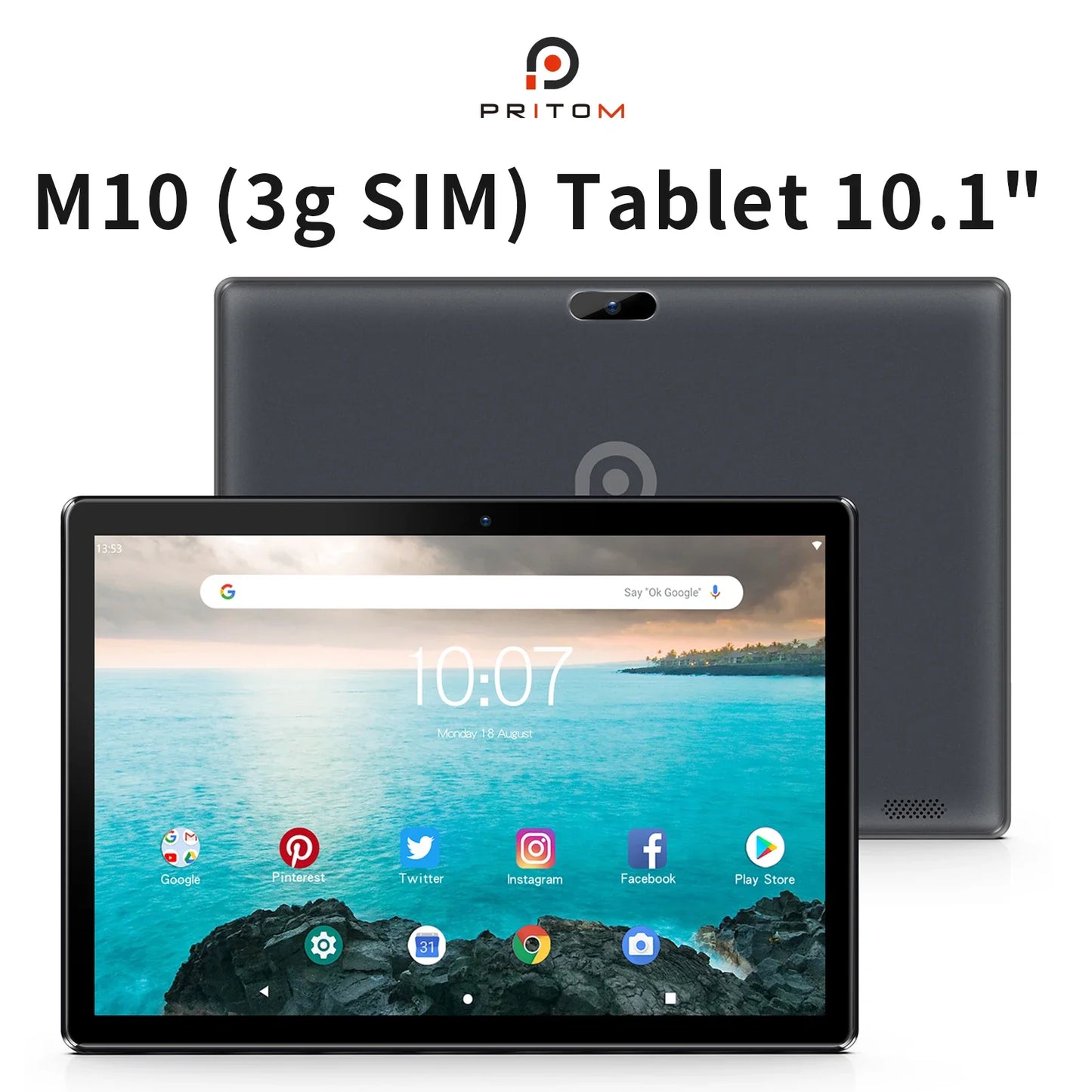 PRITOM 10" Tablet PC – Android 13, 64GB, Quad-Core, SIM Slot, WiFi, GPS & 3G Phone Call Support