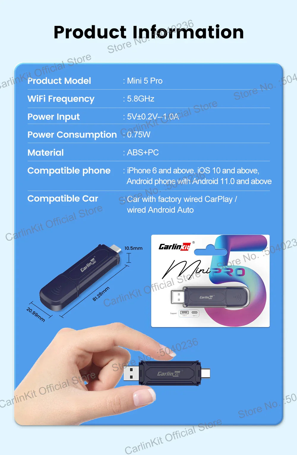 CarlinKit 5.0 Mini 5 Pro — Wireless CarPlay & Android Auto USB Dongle with WiFi & Bluetooth
