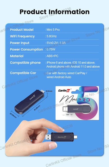 CarlinKit 5.0 Mini 5 Pro — Wireless CarPlay & Android Auto USB Dongle with WiFi & Bluetooth