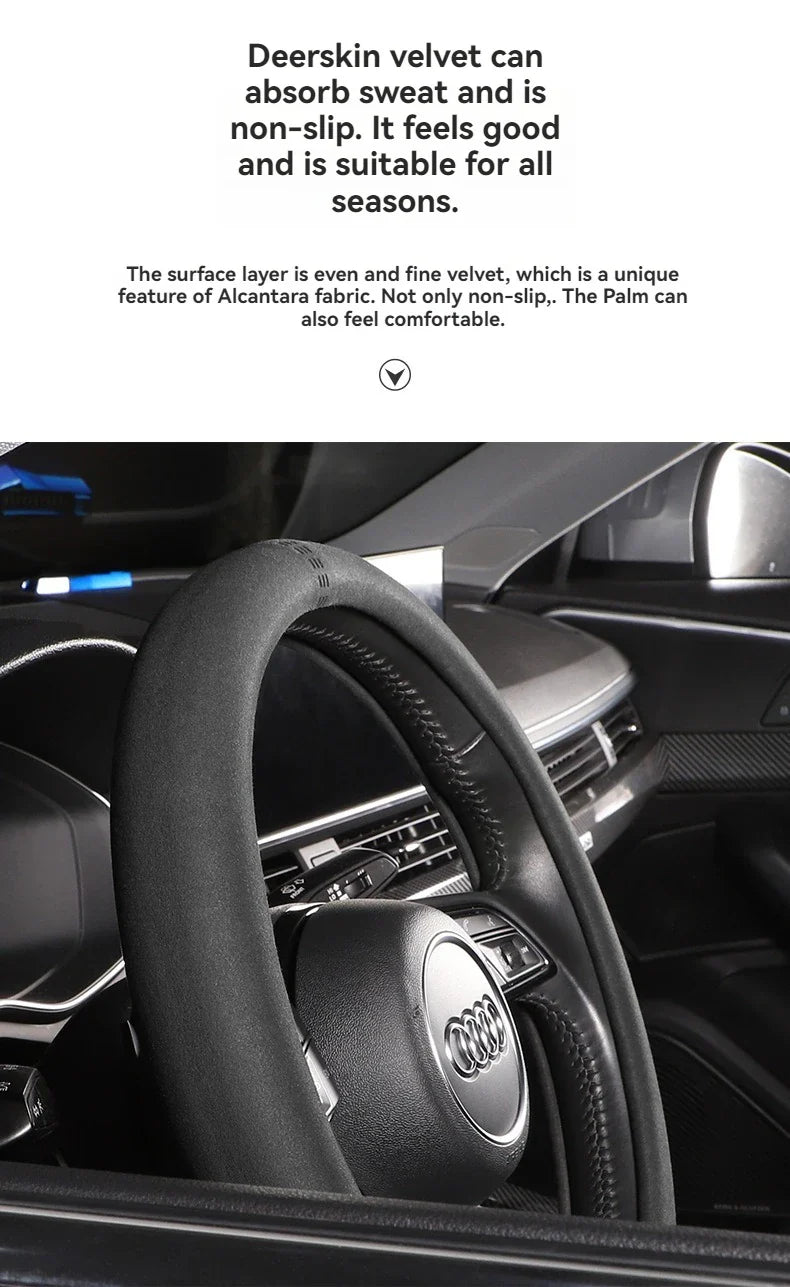 All-Season Suede Steering Wheel Cover — Ultra-Thin, Non-Slip, Breathable Fit for Round & D-Shaped Wheels