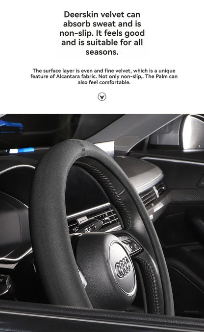 All-Season Suede Steering Wheel Cover — Ultra-Thin, Non-Slip, Breathable Fit for Round & D-Shaped Wheels