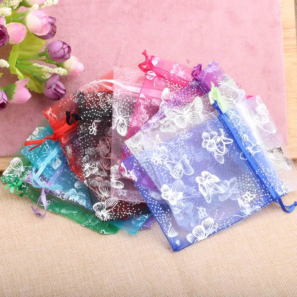 25/50pcs Butterfly Organza Gift Bags - 12 Colors, 7x9cm, 9x12cm, 13x18cm, Jewelry and Candy Packaging Drawstring Pouches
