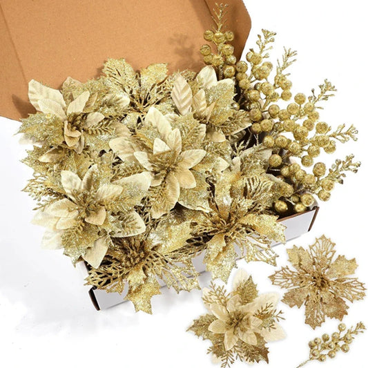 22PCS Christmas Decoration Set – Artificial Flowers & Berry Bouquet Ornaments for Tree, Home Decor, and Holiday Gifts