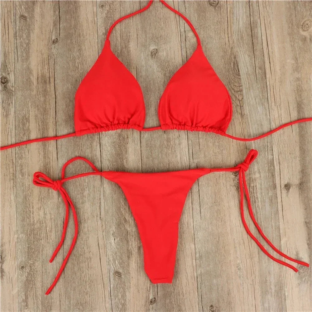 3-Piece Sexy Halter Bikini Set - Solid Color Thong Swimsuit for Beach & Swimwear