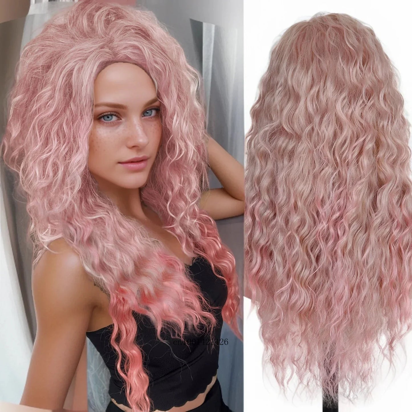 Ash Blonde Synthetic Wig – 26" Long Curly Ombre Hair, Fluffy Wave Wig for Women, Costume & Party Wig