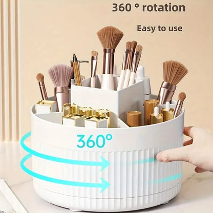 360° Rotating Makeup Organizer - 5 Compartment Plastic Cosmetic Holder for Brushes & Beauty Storage