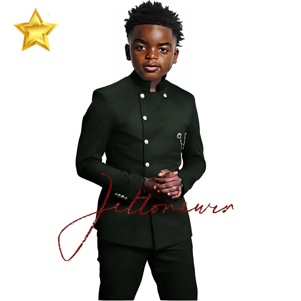 African Style Boys Suit - Stand Collar Blazer and Pants 2 Piece Casual Business Kids Formal Wear