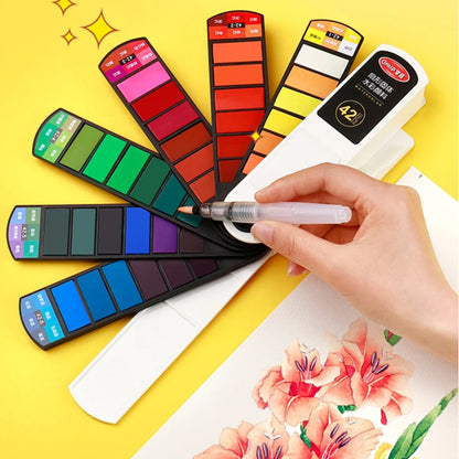 18–42 Color Solid Watercolor Set – Foldable Travel Paint Kit with Water Brush Pen & Fan-Shaped Art Painting Tools
