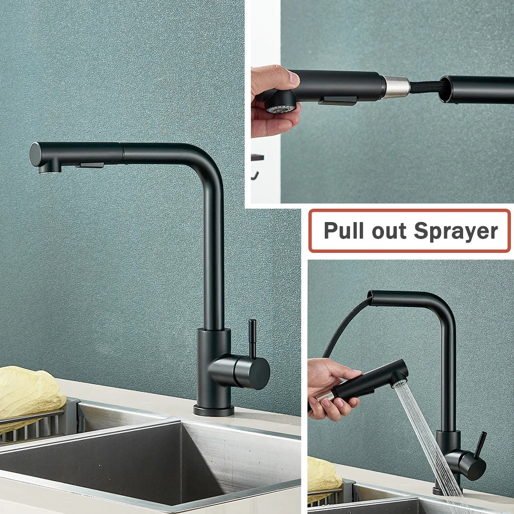 Black Flexible Pull-Out Kitchen Faucet - Stainless Steel 2-Mode Nozzle, 360° Rotating Hot & Cold Water Sink Mixer Tap