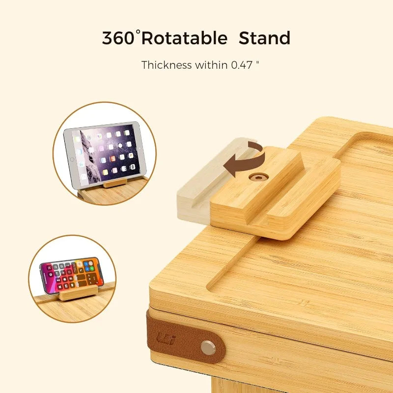 Black Sofa Armrest Tray with Storage Box – Couch Arm Table with 360° Rotating Top & Phone Stand