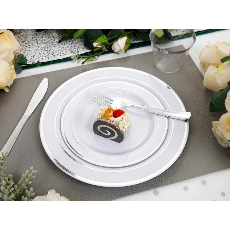 700PCS Gold Plastic Dinnerware Set – White & Gold Plates with 100 Napkins, Serves 100 Guests, Disposable Wedding Party Set