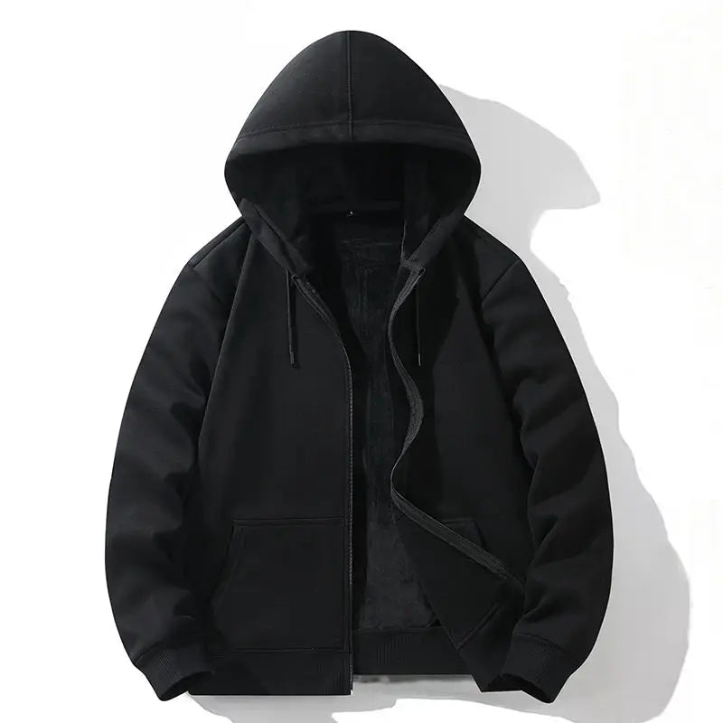 Zipper Hooded Sweatshirt – Autumn Winter Fleece-Lined Cotton Cardigan for Men & Women, Solid Color Y2K Style