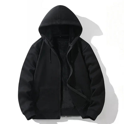 Zipper Hooded Sweatshirt – Autumn Winter Fleece-Lined Cotton Cardigan for Men & Women, Solid Color Y2K Style