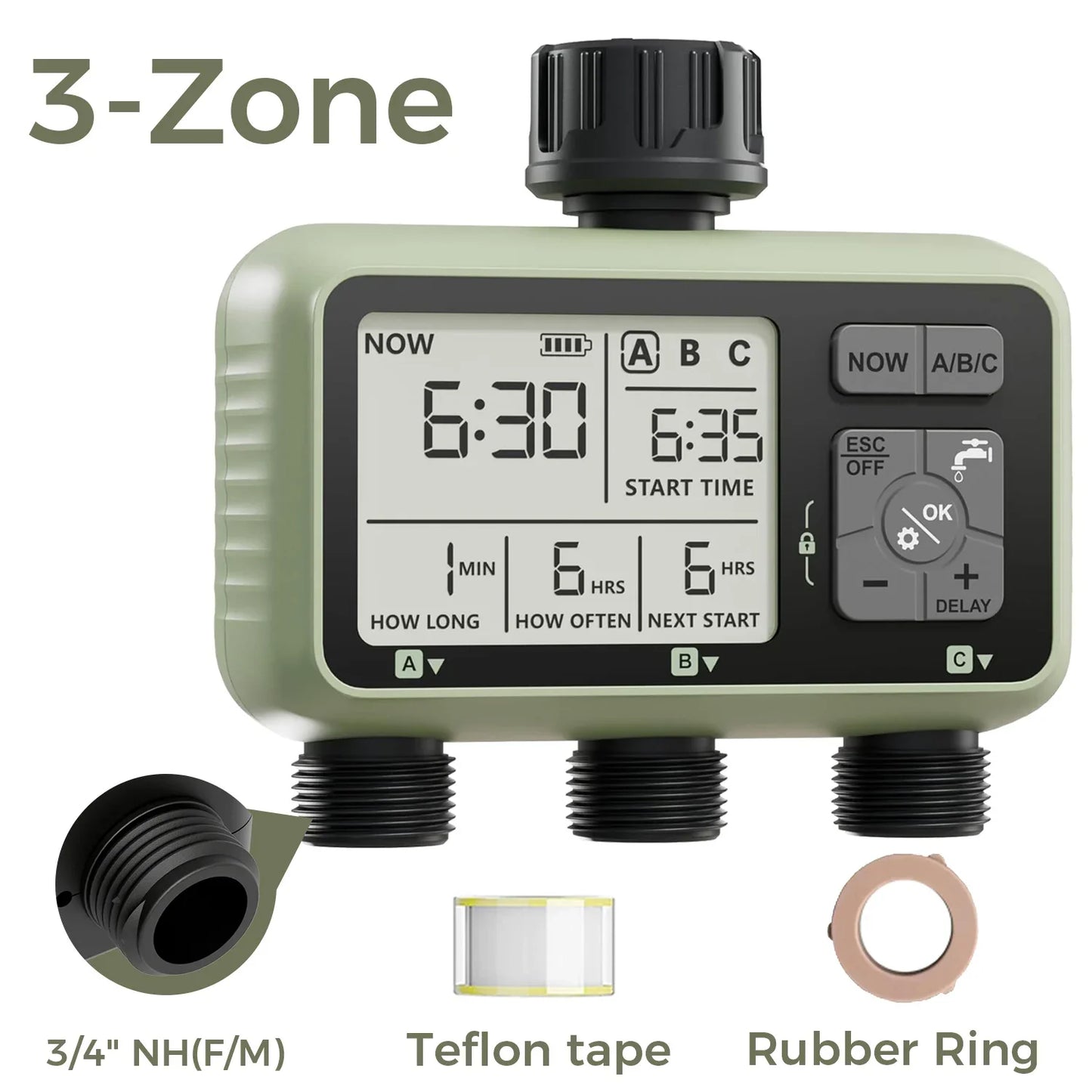 Diivoo 3-Zone Garden Water Timer – Programmable Automatic Irrigation System with Rain Delay & Manual/Auto Modes for Lawn & Yard
