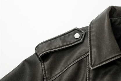 RARF 2024 Women's Washed Leather Jacket – Coal Gray Short Coat with Belt, Vintage Lapel & Zipper
