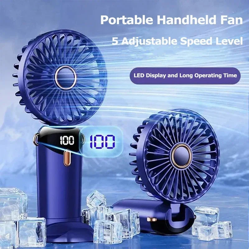 Handheld Mini Fan – 3000mAh Foldable Portable Desk & Neck Hanging Fan with 5 Speeds, USB Rechargeable & Phone Stand Display