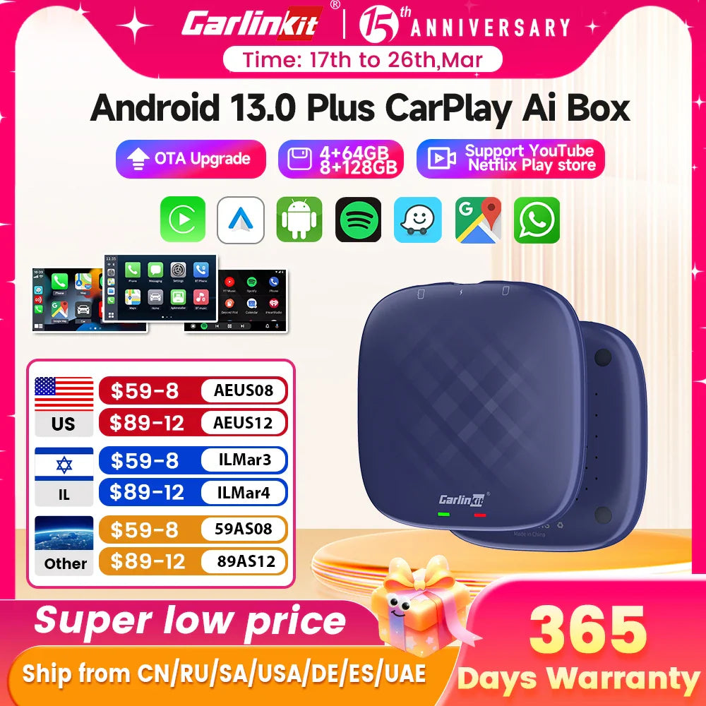 Carlinkit CarPlay AI TV Box Plus — Android 13, 8+128GB, 8-Core QCM6656125, Wireless CarPlay & Android Auto with YouTube, Netflix, 4G LTE