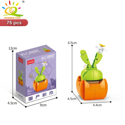 HUIQIBAO MOC Flower & Succulent Potted Building Block Set – DIY Eternal Bouquet, Home Desk Plant Decor, Girls & Kids Toy Gift